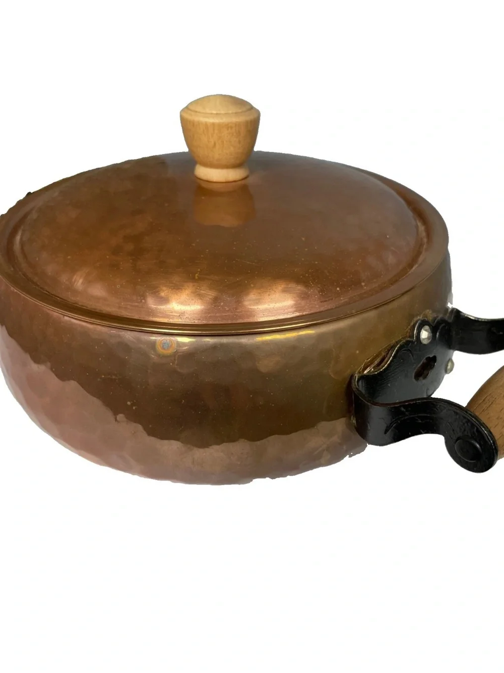 Vintage STOCKLI NETSTAL Hammered Copper Casserole Pot with Lid Wood Handles